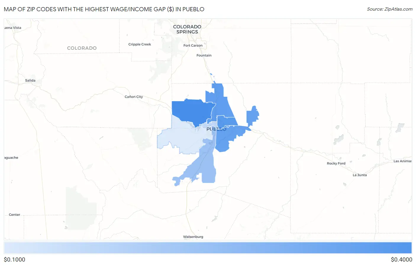 Zip Codes with the Highest Wage/Income Gap ($) in Pueblo Map