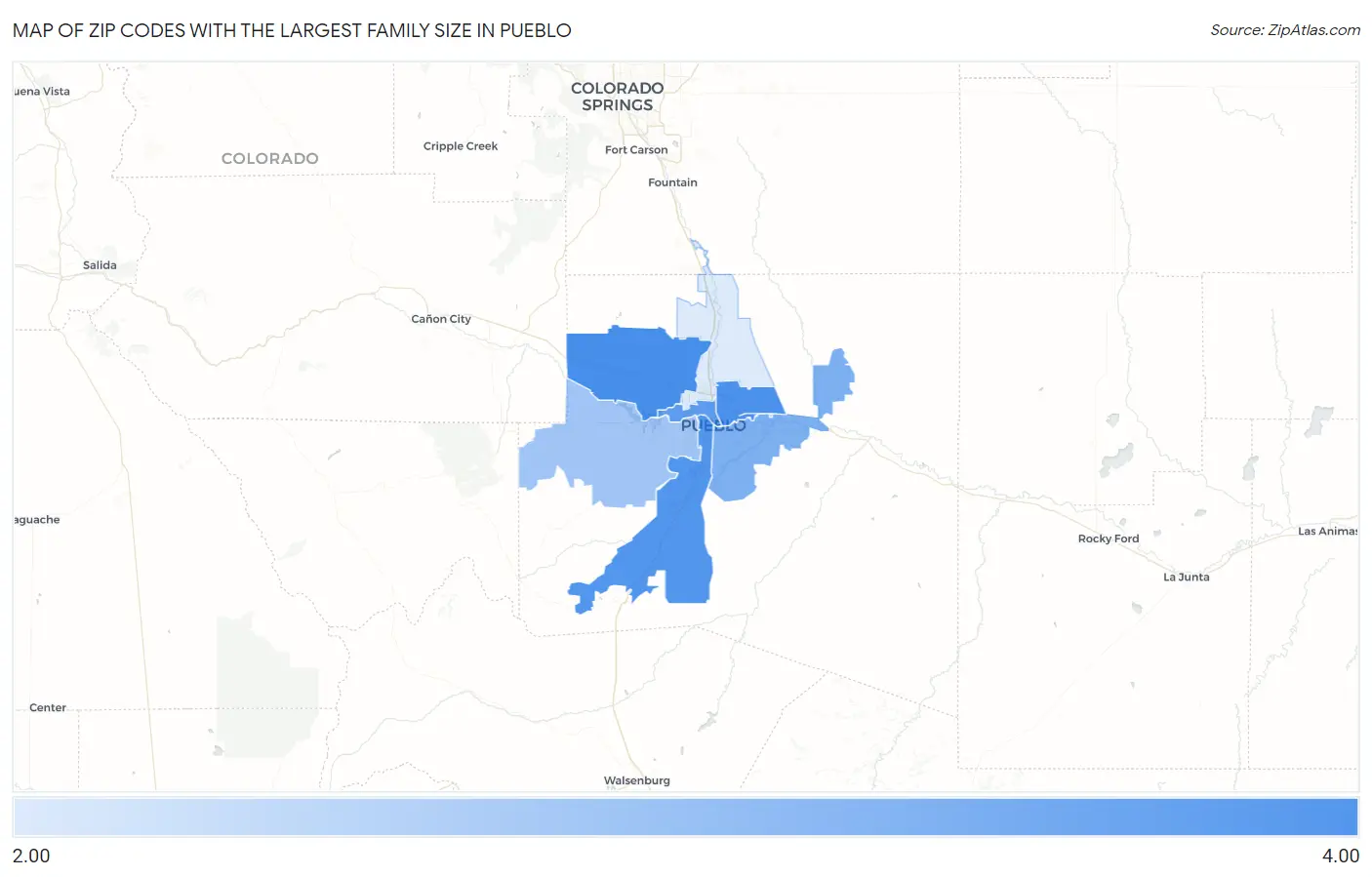 Zip Codes with the Largest Family Size in Pueblo Map