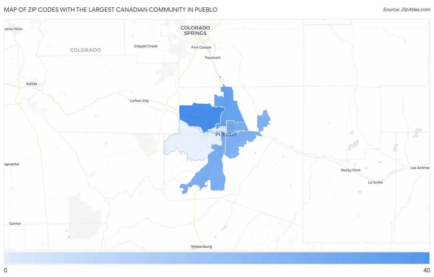 Zip Codes with the Largest Canadian Community in Pueblo Map