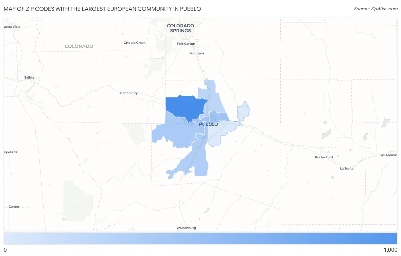 Zip Codes with the Largest European Community in Pueblo Map