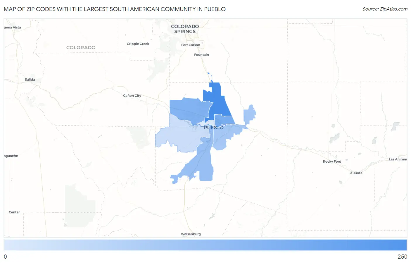 Zip Codes with the Largest South American Community in Pueblo Map