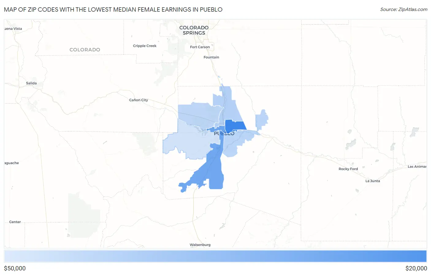 Zip Codes with the Lowest Median Female Earnings in Pueblo Map