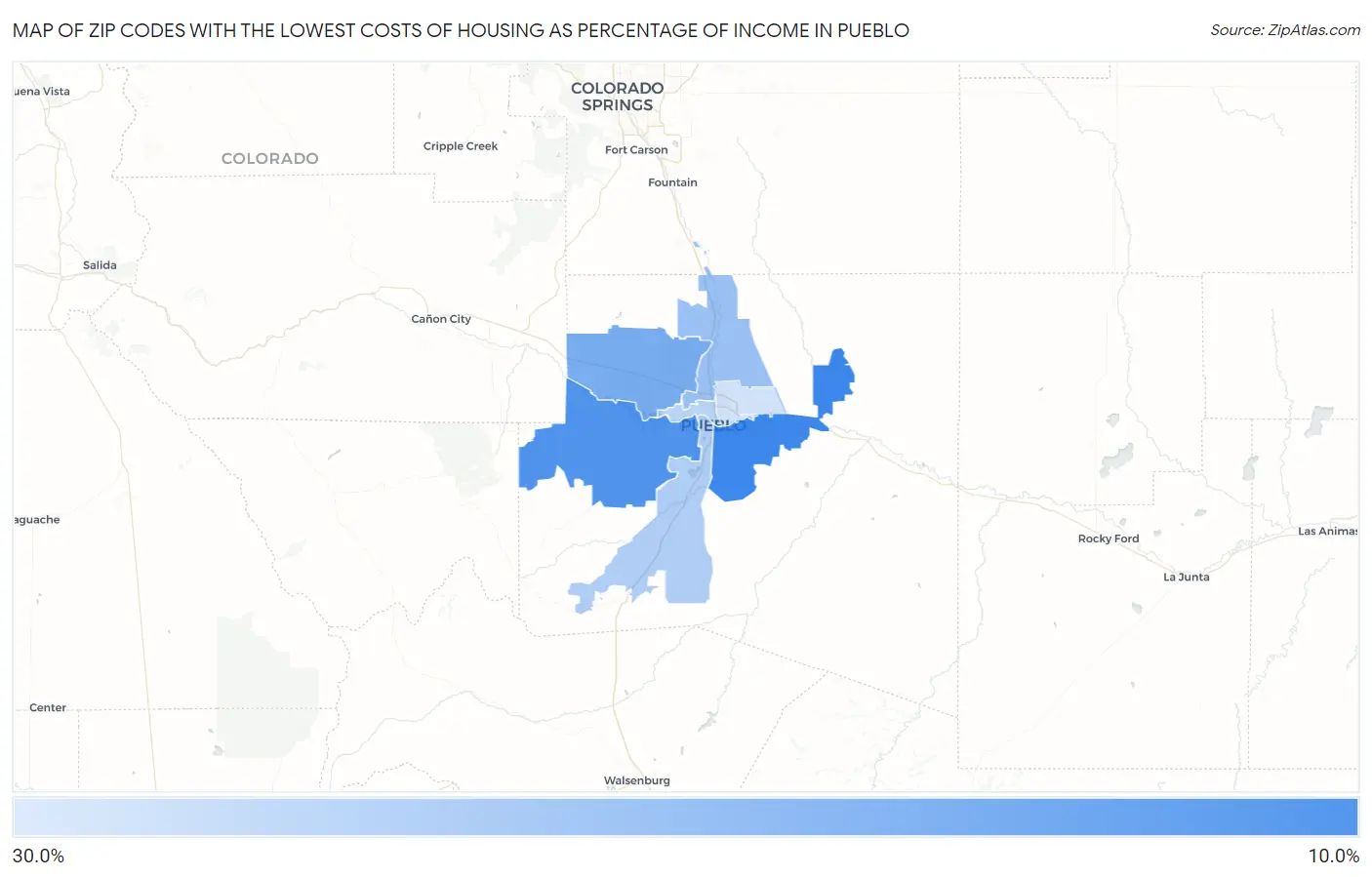 Zip Codes with the Lowest Costs of Housing as Percentage of Income in Pueblo Map