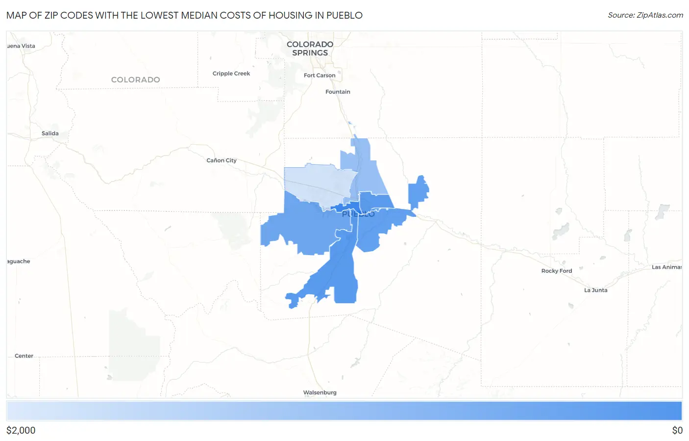 Zip Codes with the Lowest Median Costs of Housing in Pueblo Map
