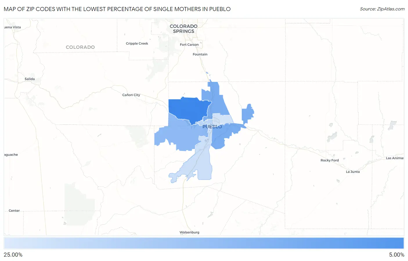 Zip Codes with the Lowest Percentage of Single Mothers in Pueblo Map