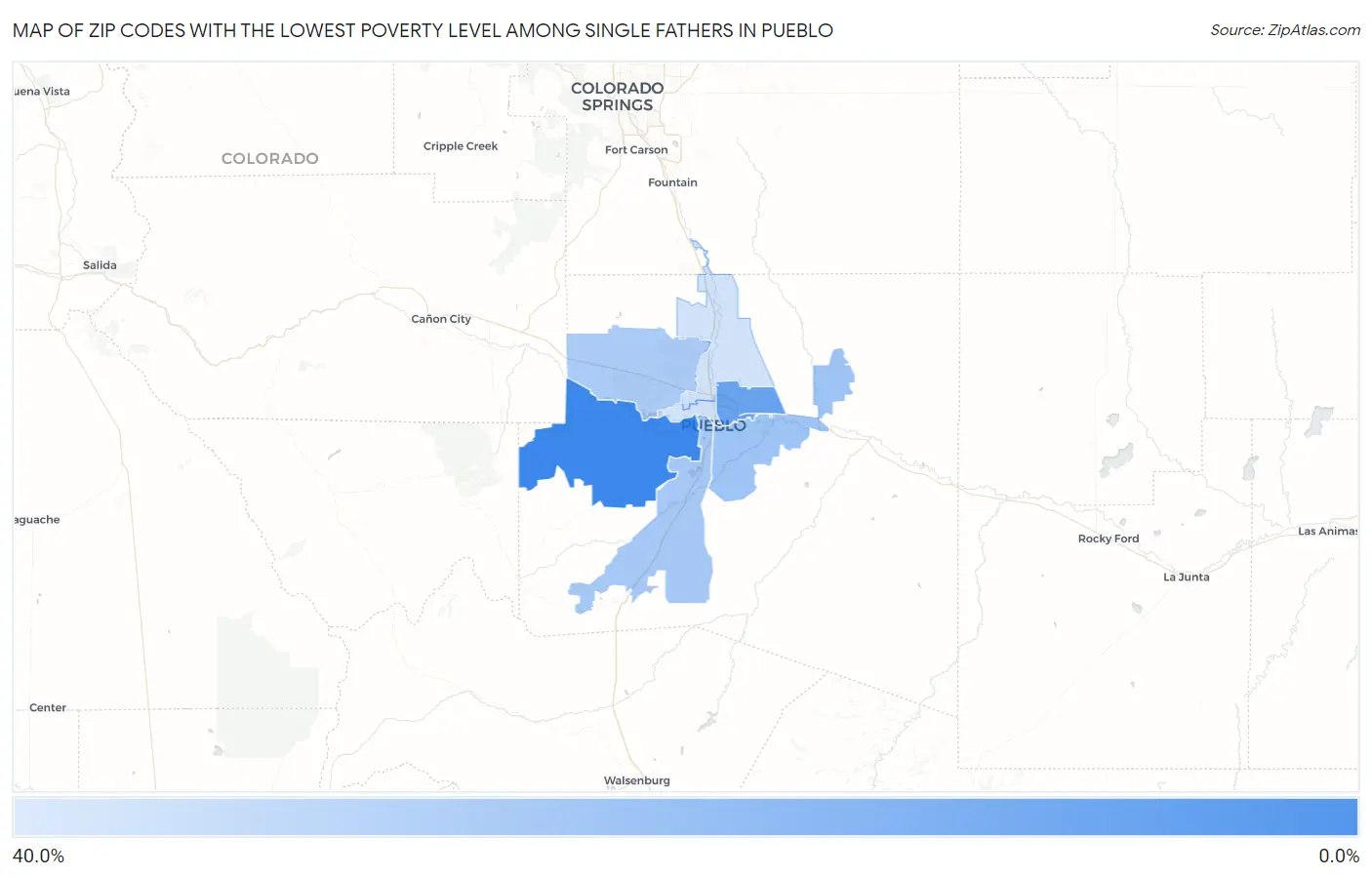 Zip Codes with the Lowest Poverty Level Among Single Fathers in Pueblo Map