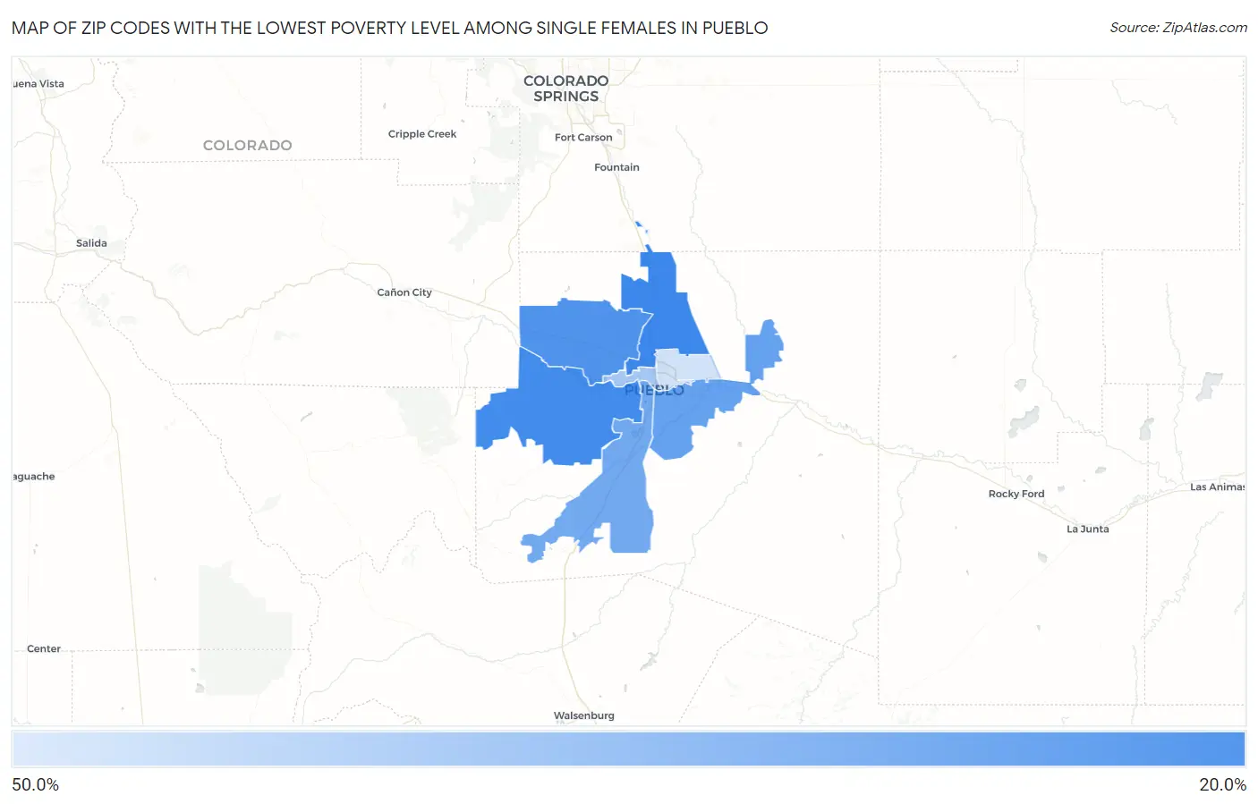 Zip Codes with the Lowest Poverty Level Among Single Females in Pueblo Map