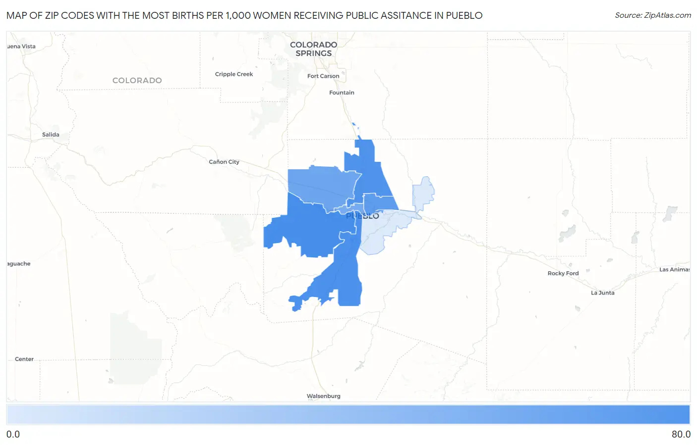 Zip Codes with the Most Births per 1,000 Women Receiving Public Assitance in Pueblo Map