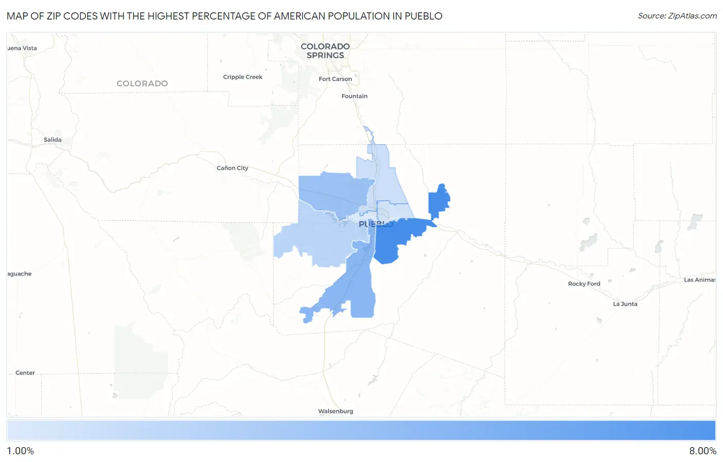 Zip Codes with the Highest Percentage of American Population in Pueblo Map
