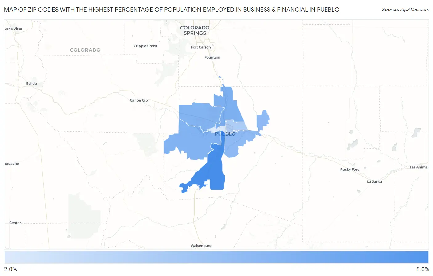 Zip Codes with the Highest Percentage of Population Employed in Business & Financial in Pueblo Map