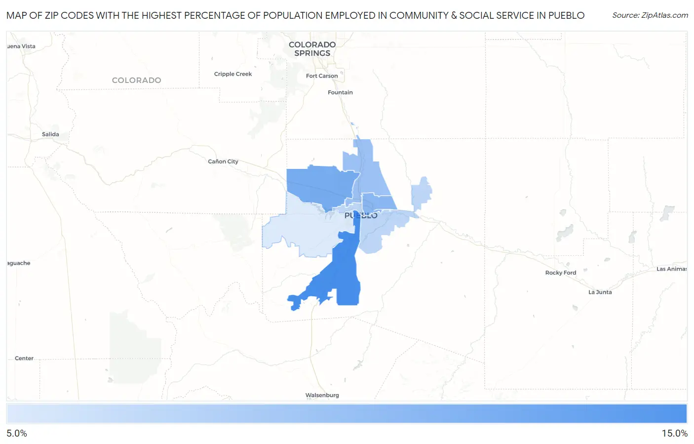 Zip Codes with the Highest Percentage of Population Employed in Community & Social Service  in Pueblo Map