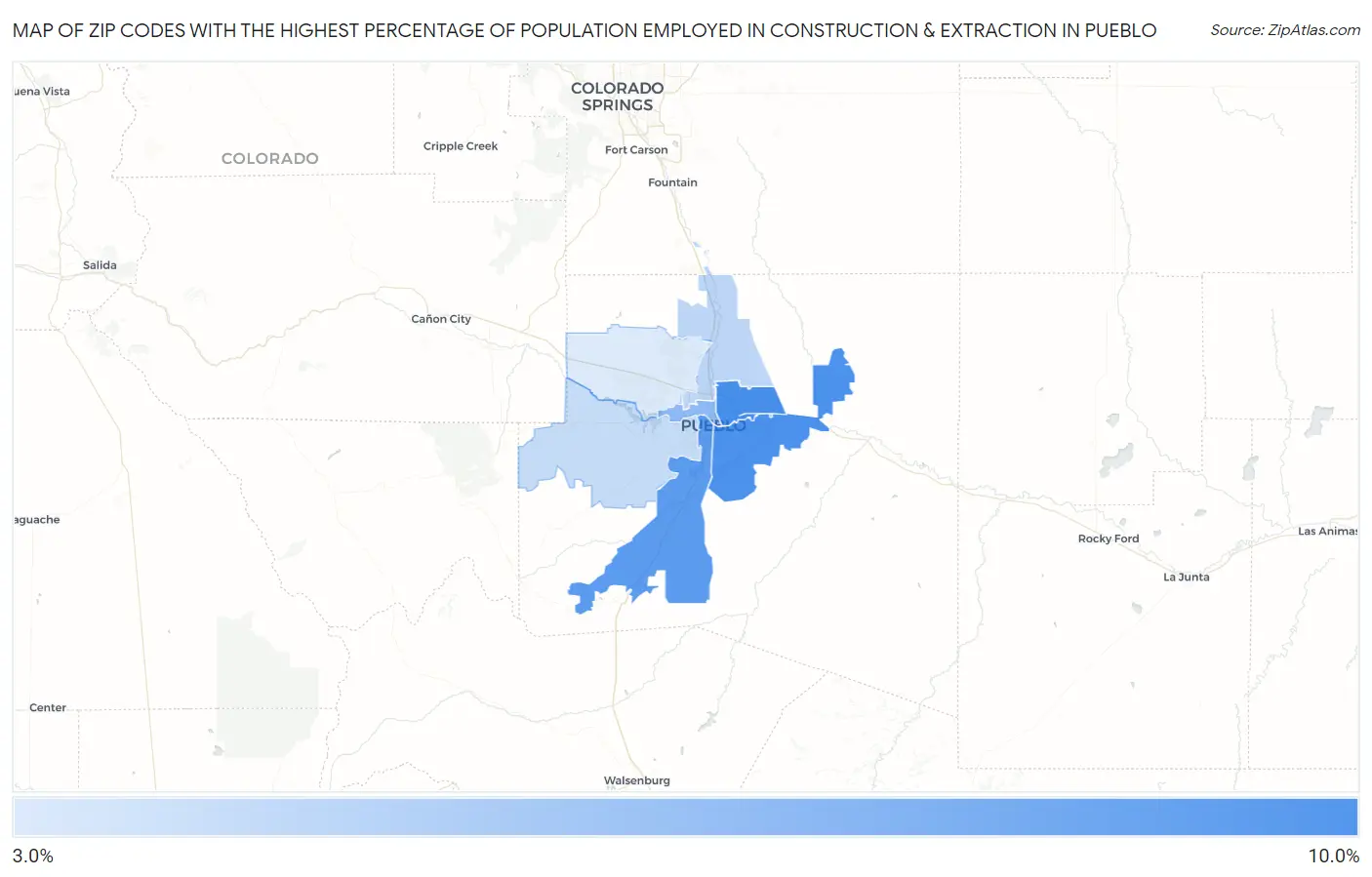 Zip Codes with the Highest Percentage of Population Employed in Construction & Extraction in Pueblo Map