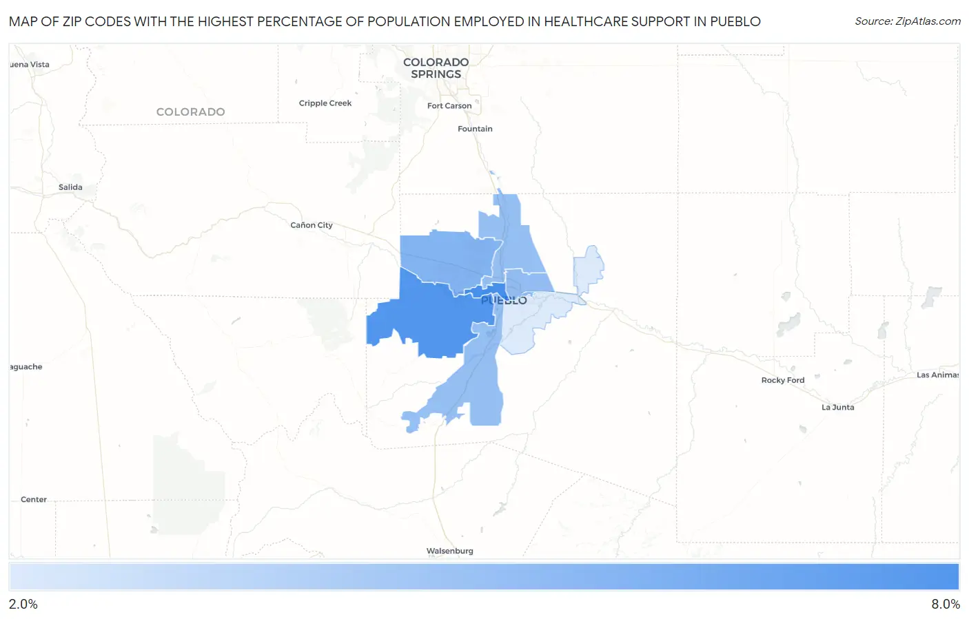 Zip Codes with the Highest Percentage of Population Employed in Healthcare Support in Pueblo Map