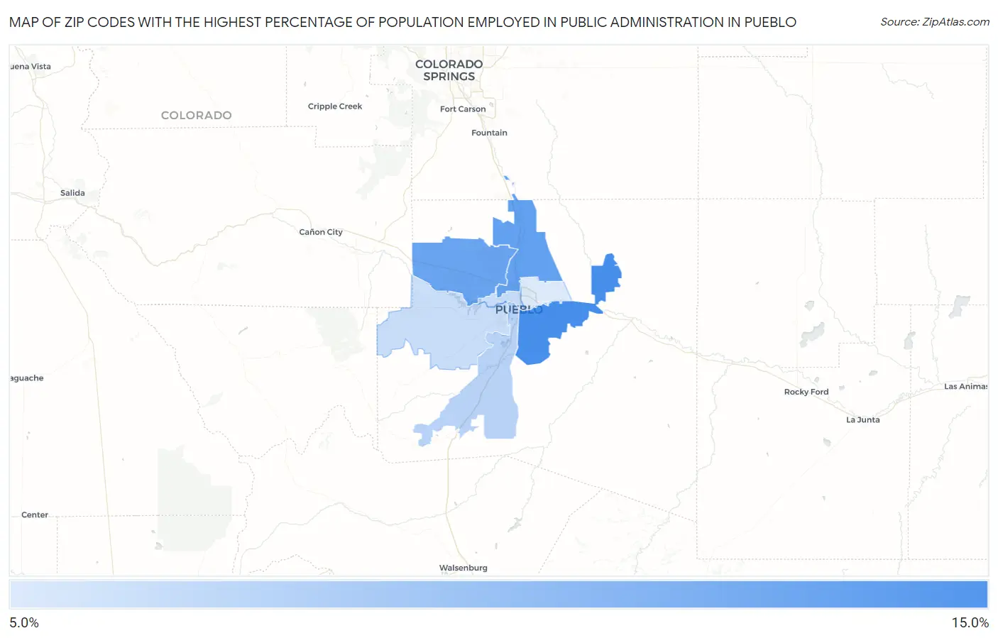 Zip Codes with the Highest Percentage of Population Employed in Public Administration in Pueblo Map