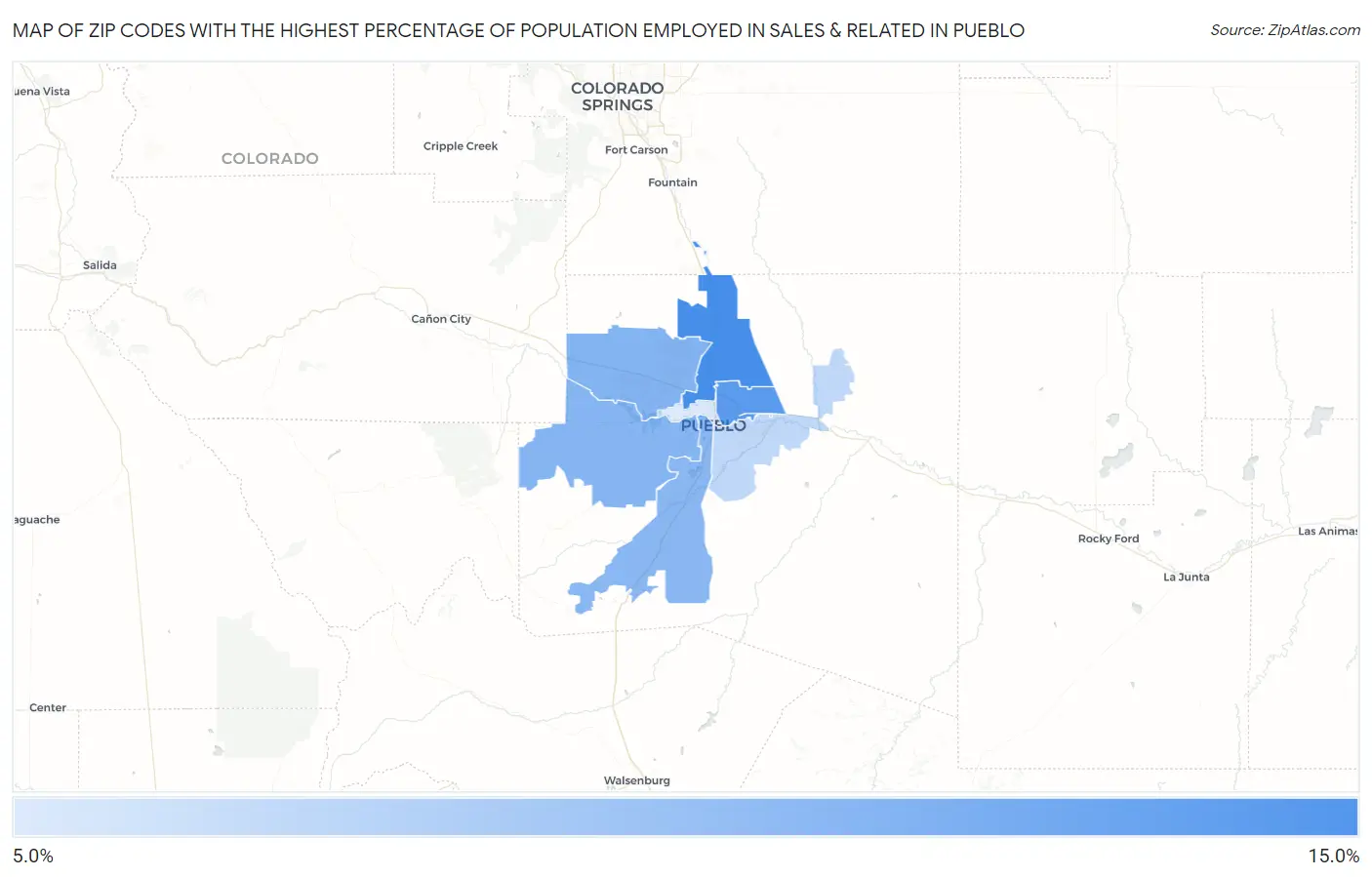 Zip Codes with the Highest Percentage of Population Employed in Sales & Related in Pueblo Map