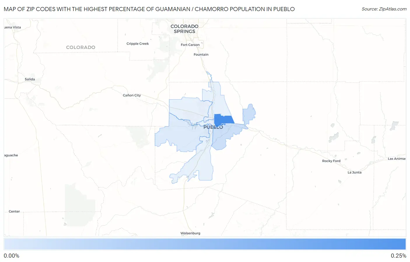 Zip Codes with the Highest Percentage of Guamanian / Chamorro Population in Pueblo Map