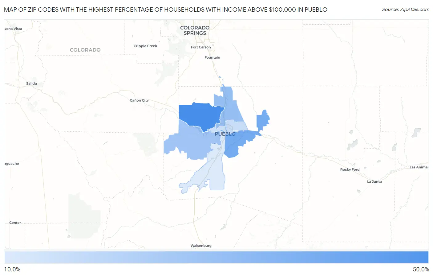 Zip Codes with the Highest Percentage of Households with Income Above $100,000 in Pueblo Map