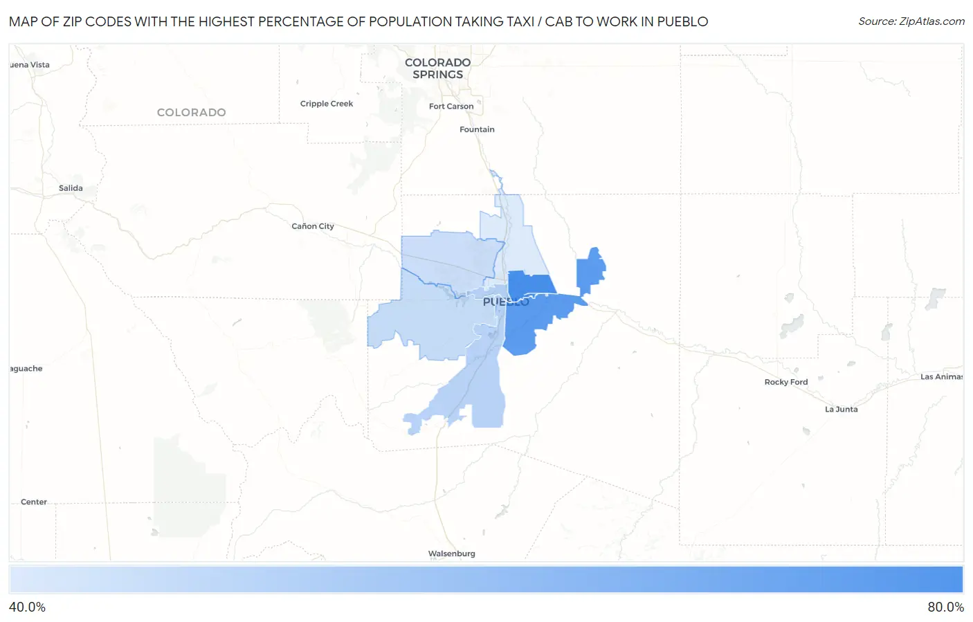 Zip Codes with the Highest Percentage of Population Taking Taxi / Cab to Work in Pueblo Map