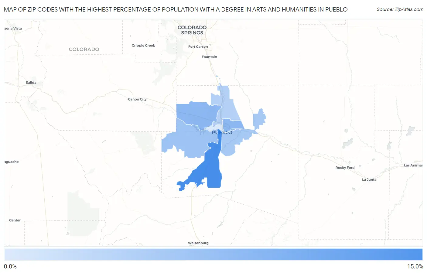 Zip Codes with the Highest Percentage of Population with a Degree in Arts and Humanities in Pueblo Map