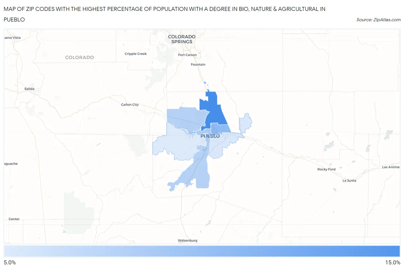 Zip Codes with the Highest Percentage of Population with a Degree in Bio, Nature & Agricultural in Pueblo Map