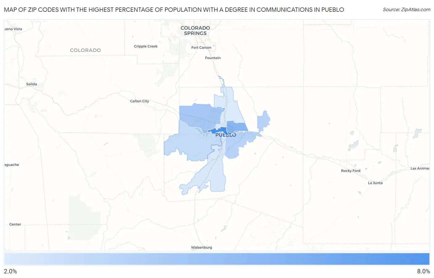 Zip Codes with the Highest Percentage of Population with a Degree in Communications in Pueblo Map