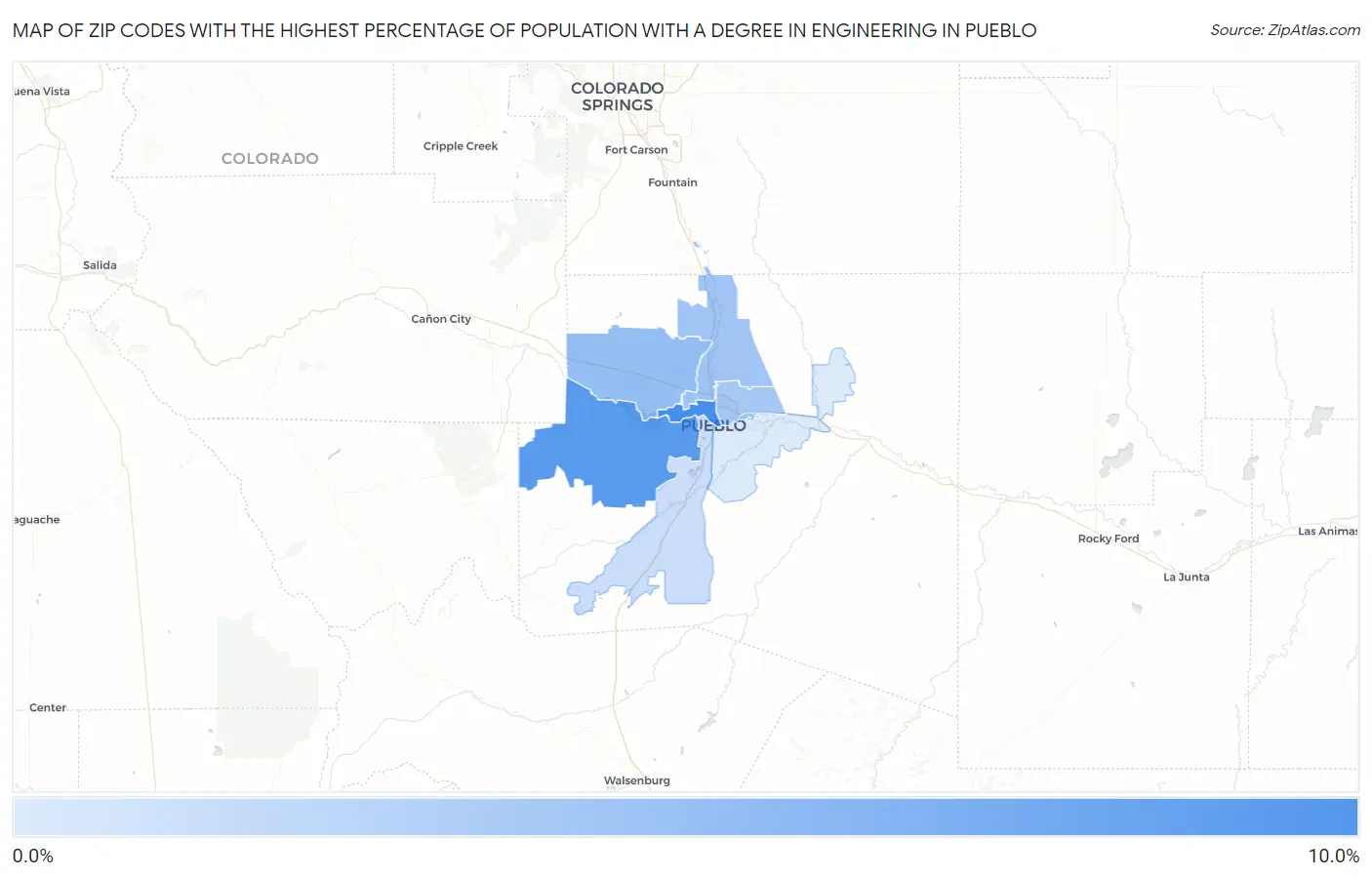 Zip Codes with the Highest Percentage of Population with a Degree in Engineering in Pueblo Map