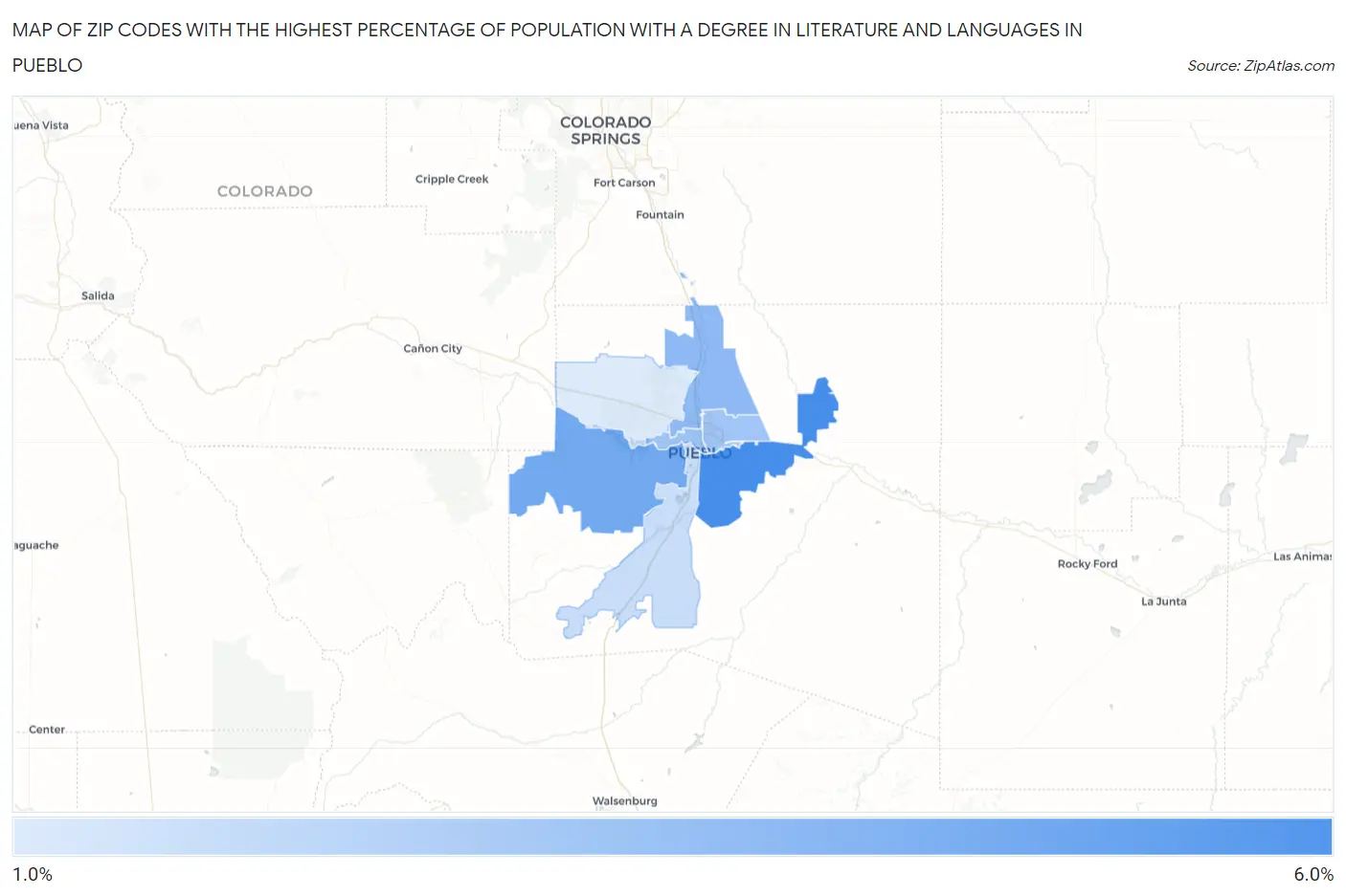 Zip Codes with the Highest Percentage of Population with a Degree in Literature and Languages in Pueblo Map