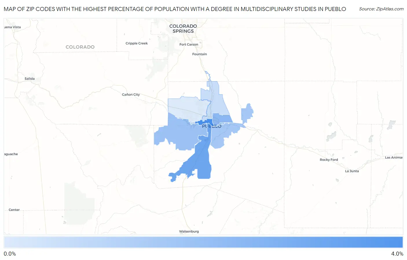 Zip Codes with the Highest Percentage of Population with a Degree in Multidisciplinary Studies in Pueblo Map