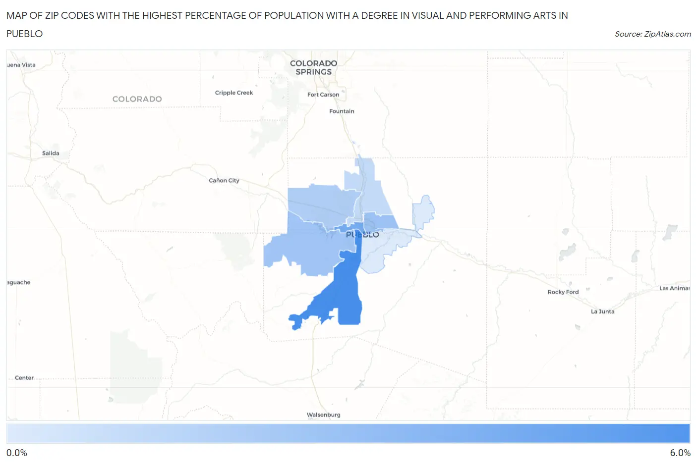 Zip Codes with the Highest Percentage of Population with a Degree in Visual and Performing Arts in Pueblo Map