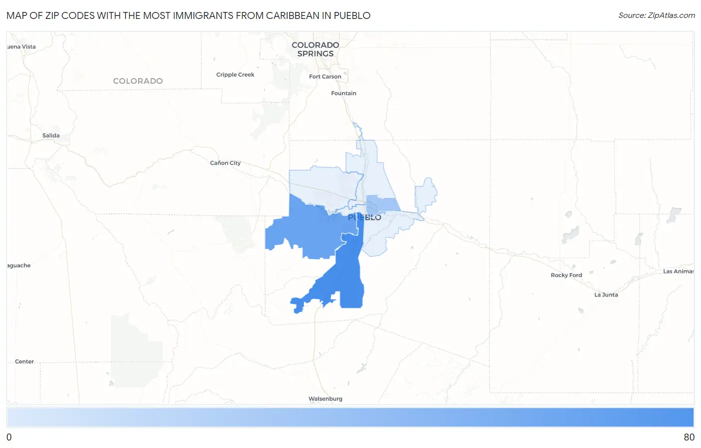 Zip Codes with the Most Immigrants from Caribbean in Pueblo Map