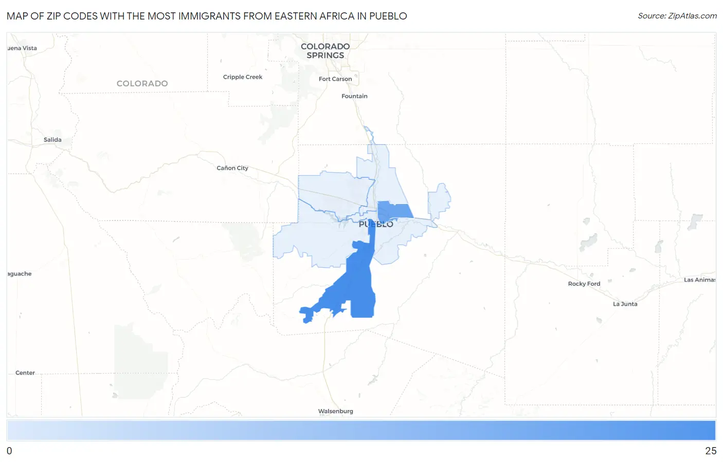 Zip Codes with the Most Immigrants from Eastern Africa in Pueblo Map