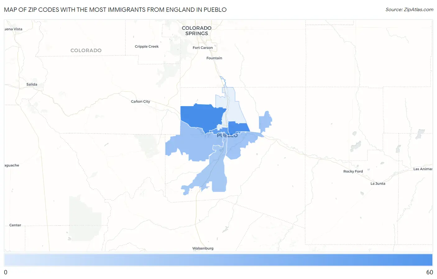 Zip Codes with the Most Immigrants from England in Pueblo Map