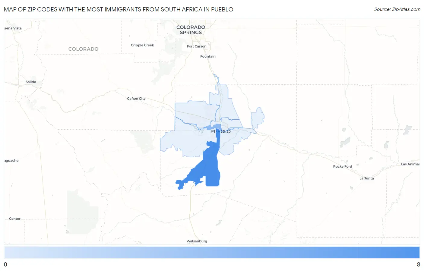 Zip Codes with the Most Immigrants from South Africa in Pueblo Map