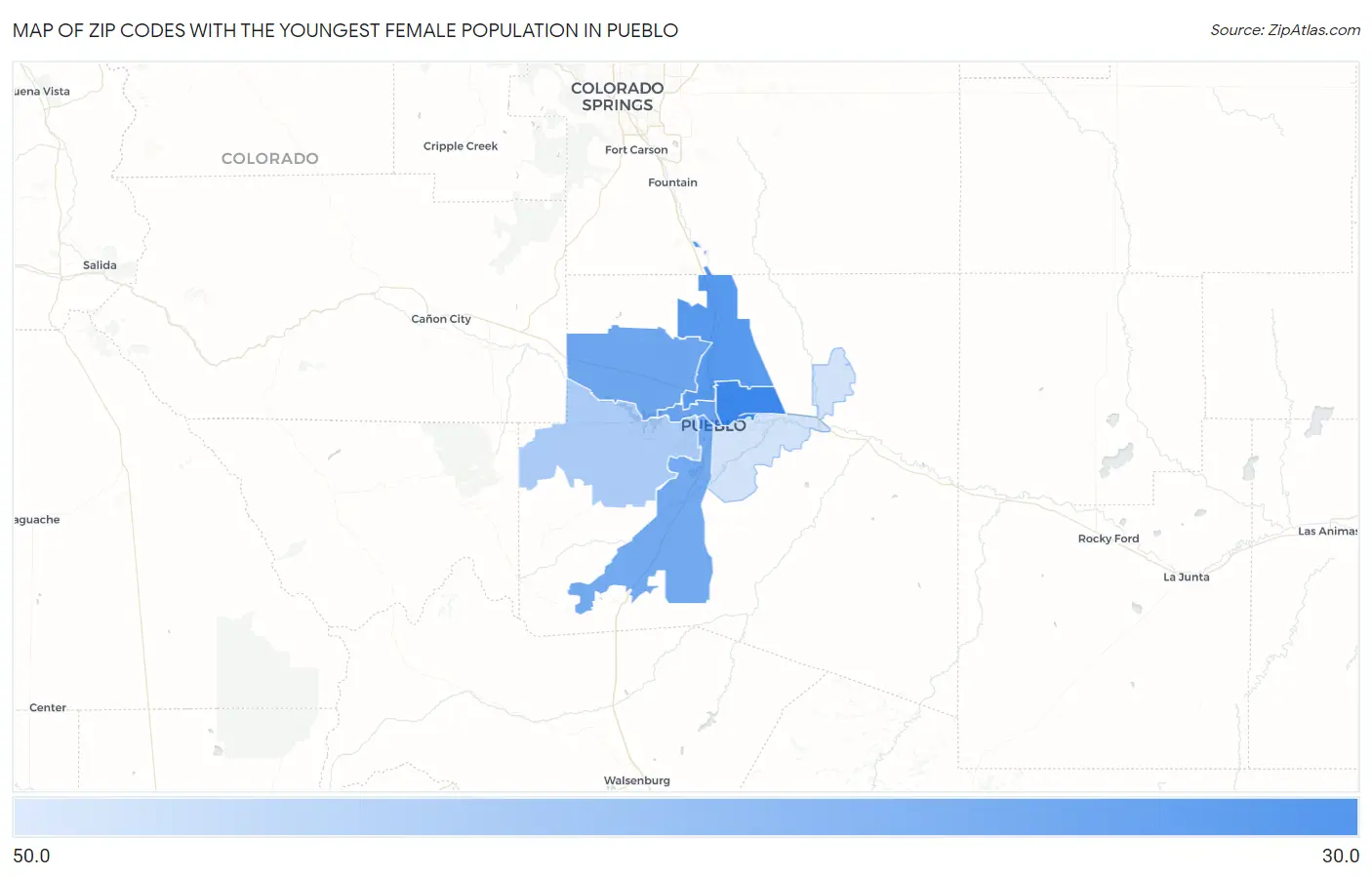 Zip Codes with the Youngest Female Population in Pueblo Map