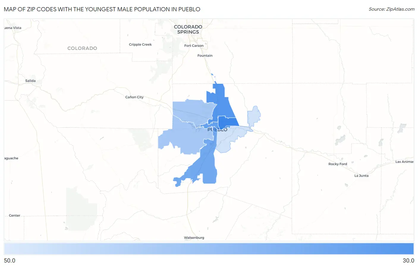 Zip Codes with the Youngest Male Population in Pueblo Map
