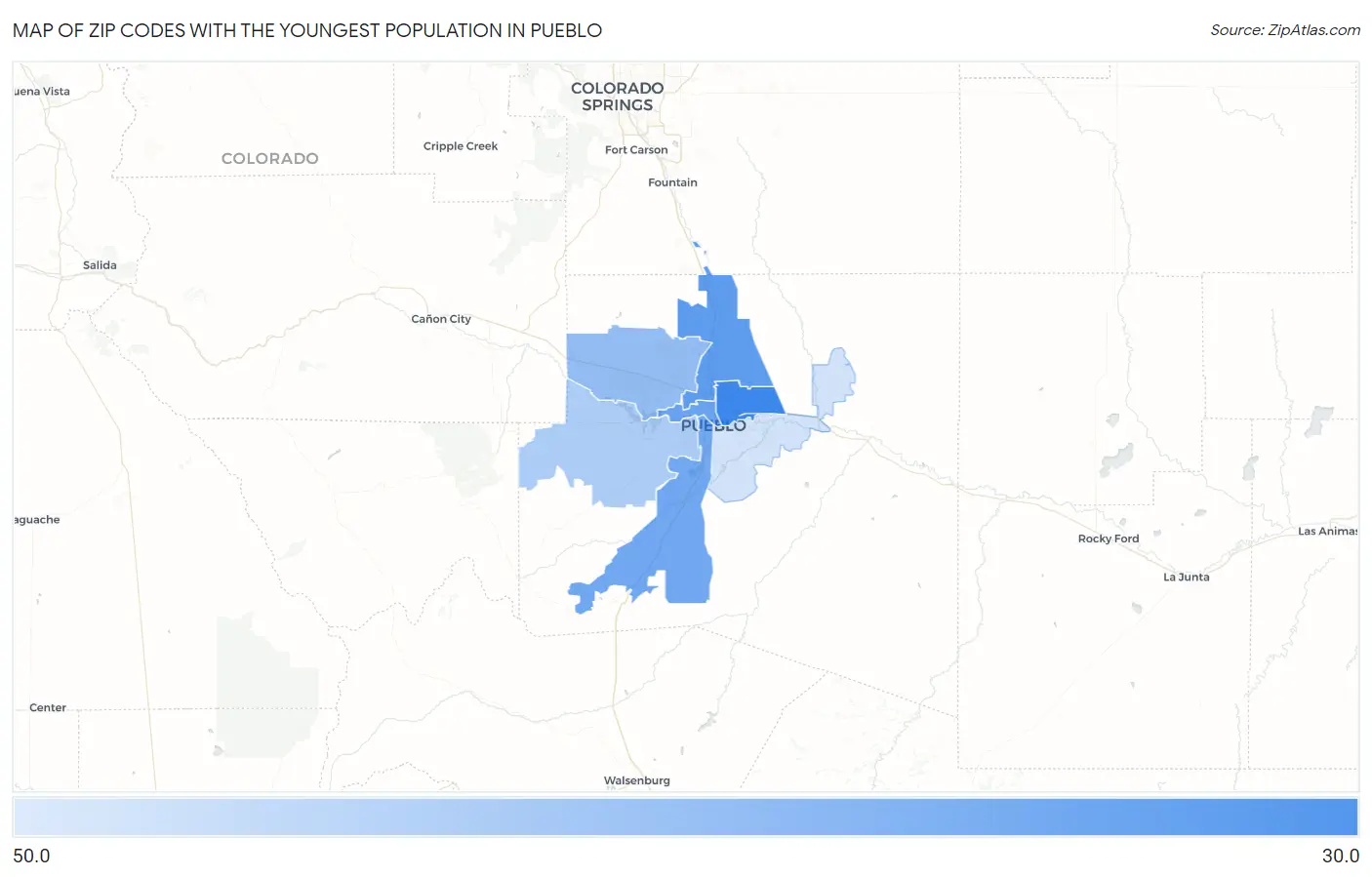Zip Codes with the Youngest Population in Pueblo Map