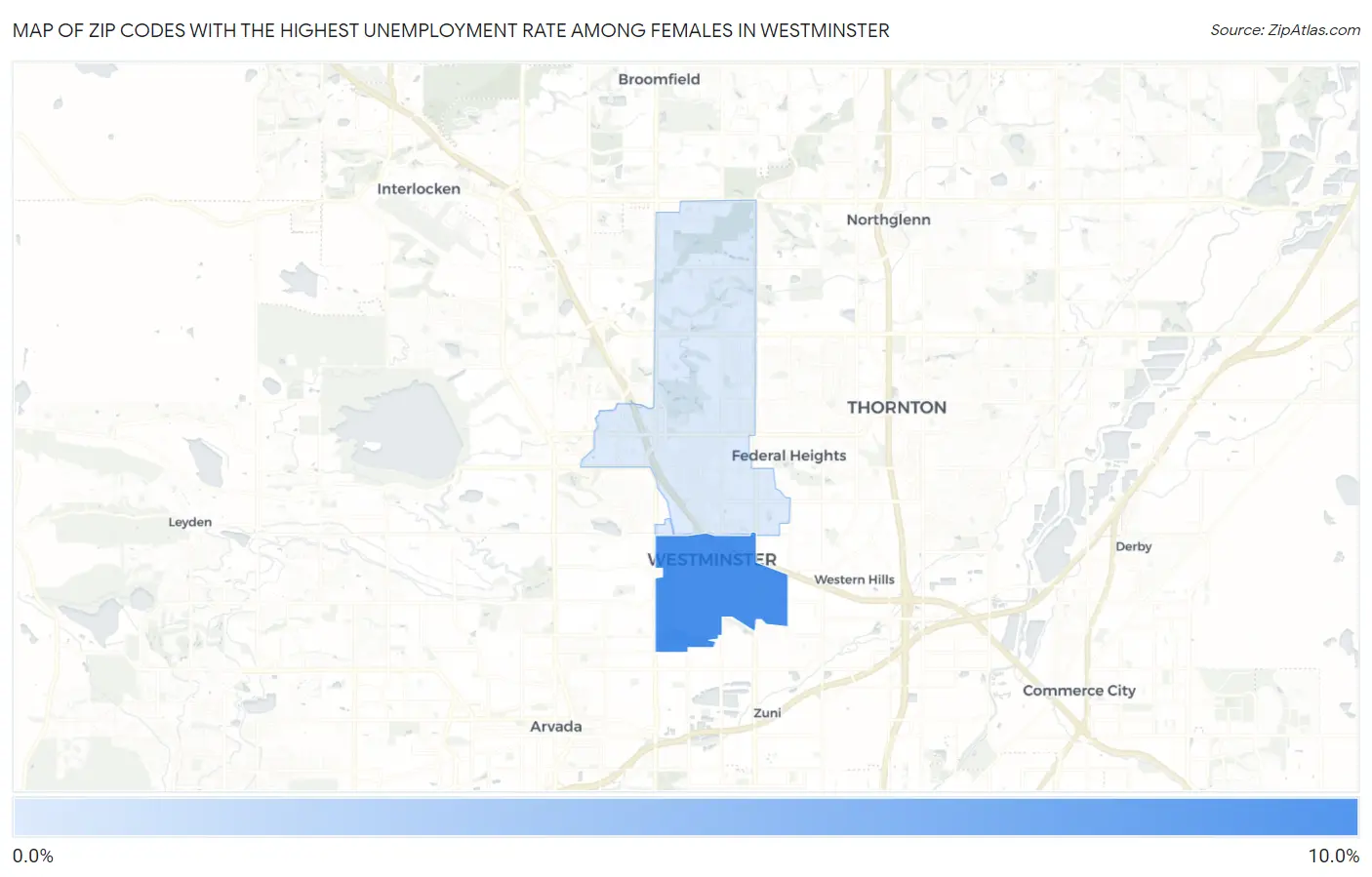 Zip Codes with the Highest Unemployment Rate Among Females in Westminster Map