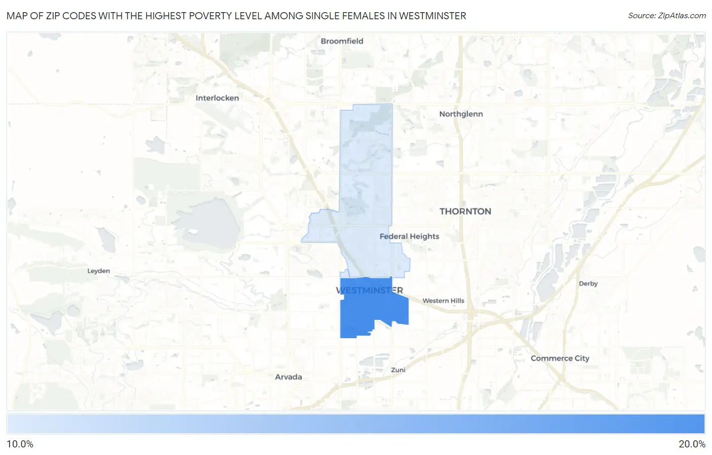 Zip Codes with the Highest Poverty Level Among Single Females in Westminster Map