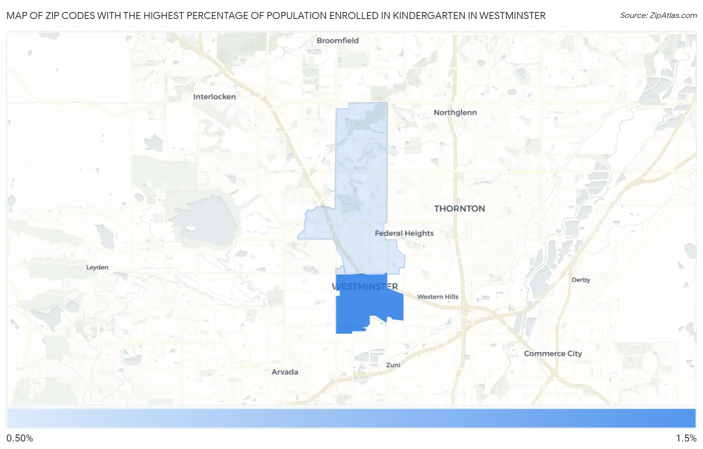 Zip Codes with the Highest Percentage of Population Enrolled in Kindergarten in Westminster Map