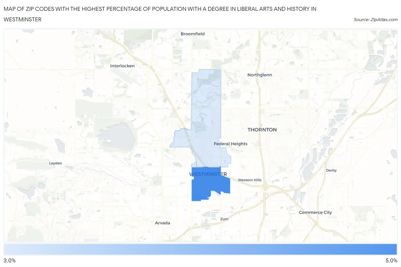 Zip Codes with the Highest Percentage of Population with a Degree in Liberal Arts and History in Westminster Map