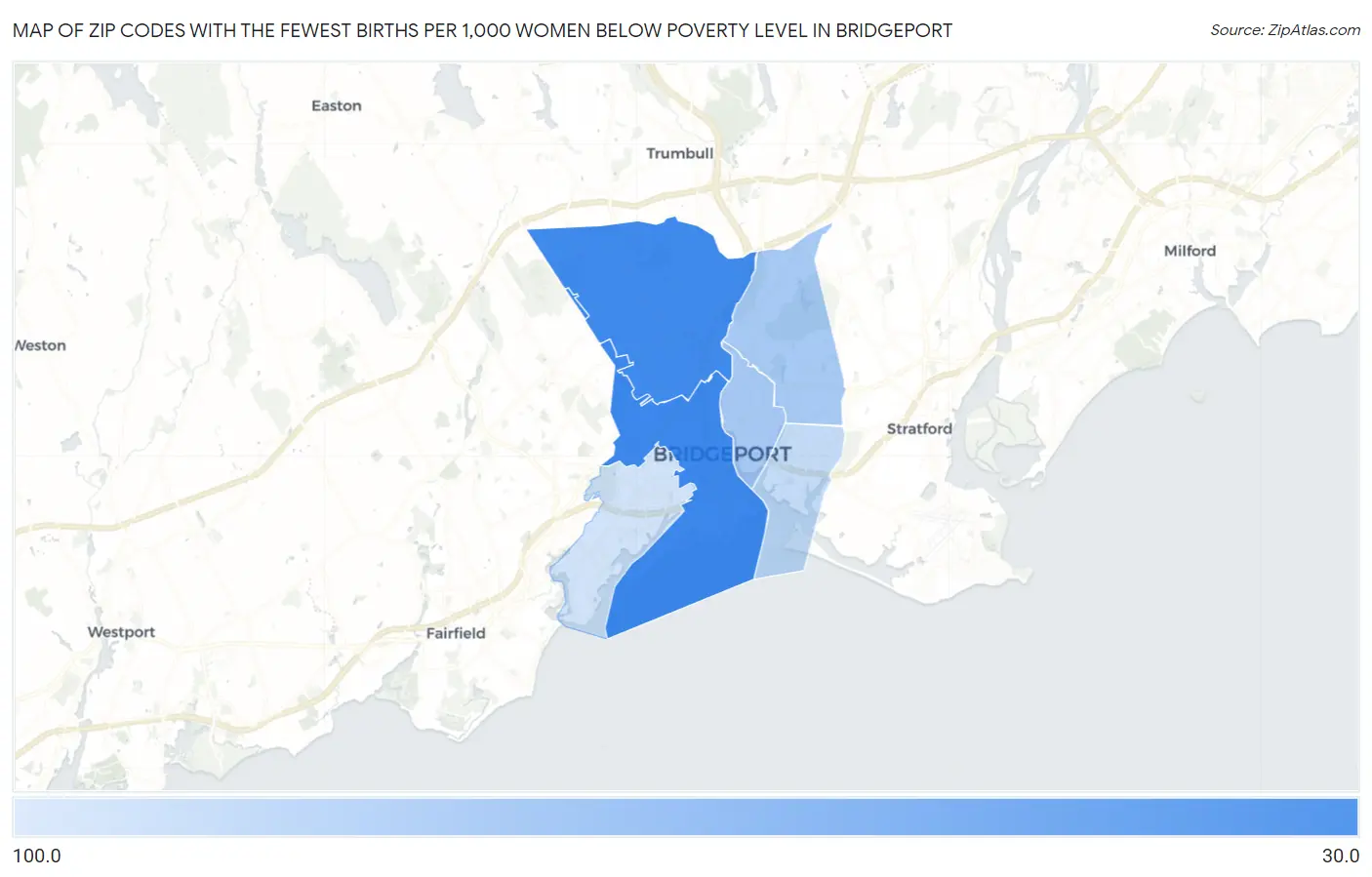 Zip Codes with the Fewest Births per 1,000 Women Below Poverty Level in Bridgeport Map