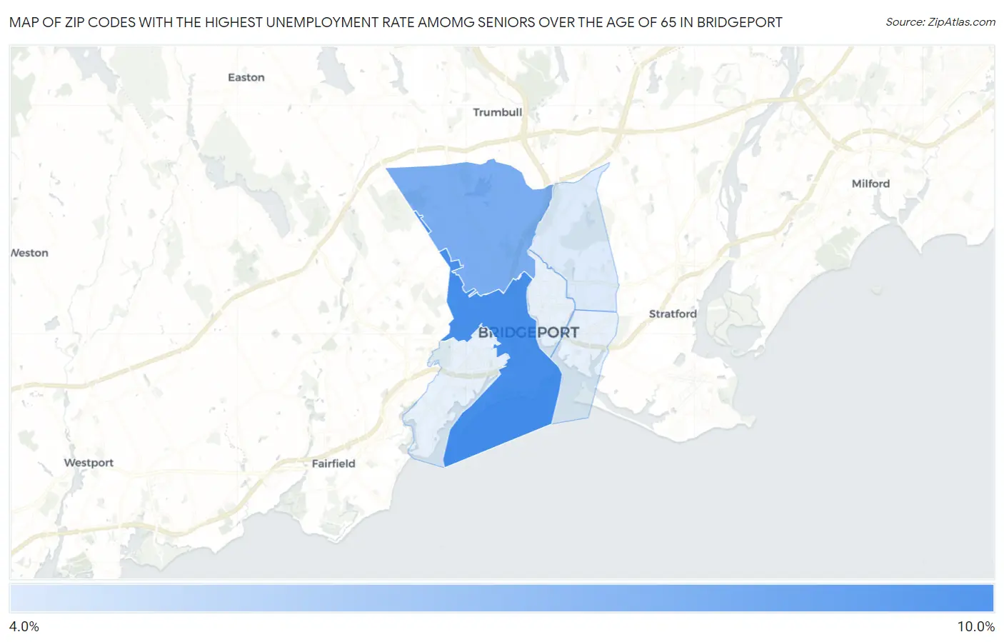 Zip Codes with the Highest Unemployment Rate Amomg Seniors Over the Age of 65 in Bridgeport Map