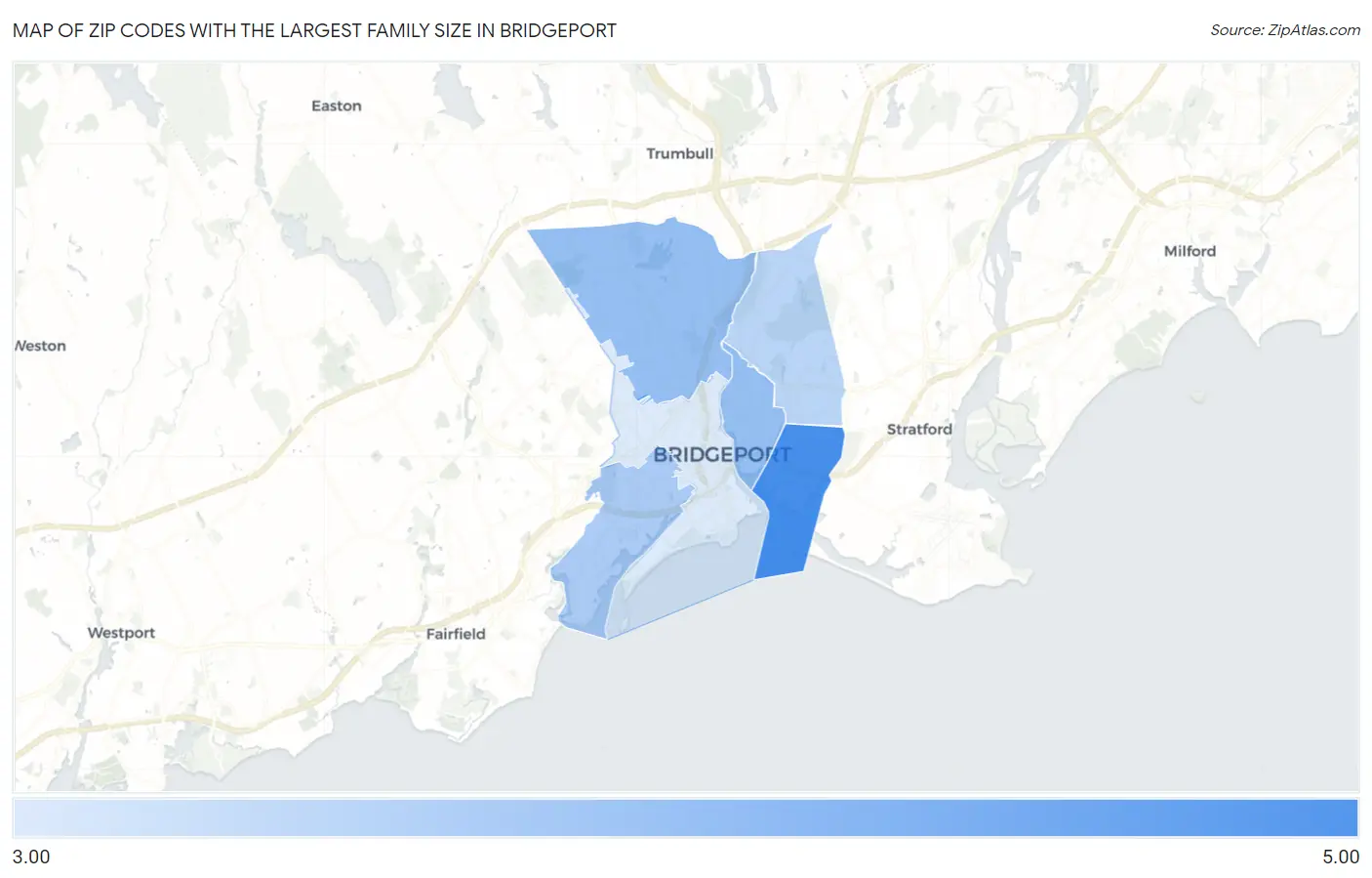 Zip Codes with the Largest Family Size in Bridgeport Map