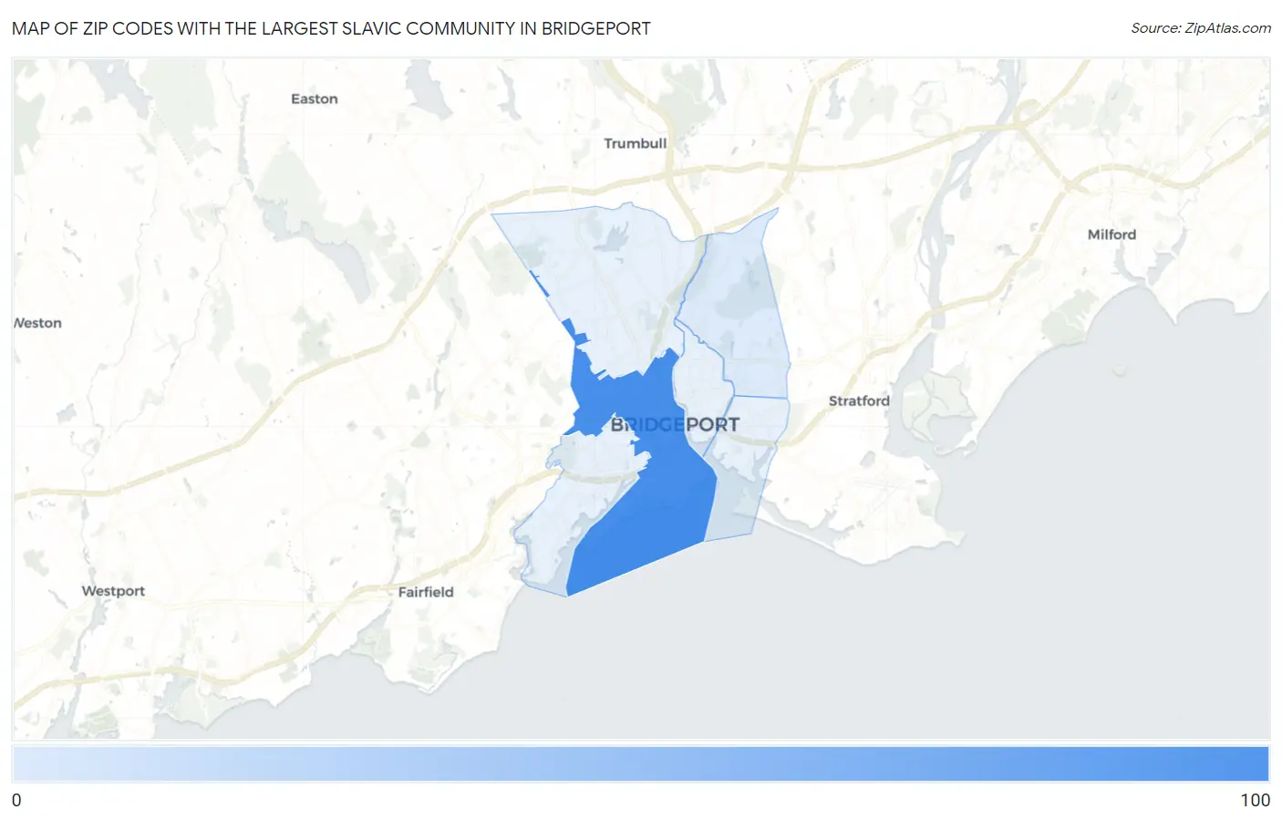 Zip Codes with the Largest Slavic Community in Bridgeport Map