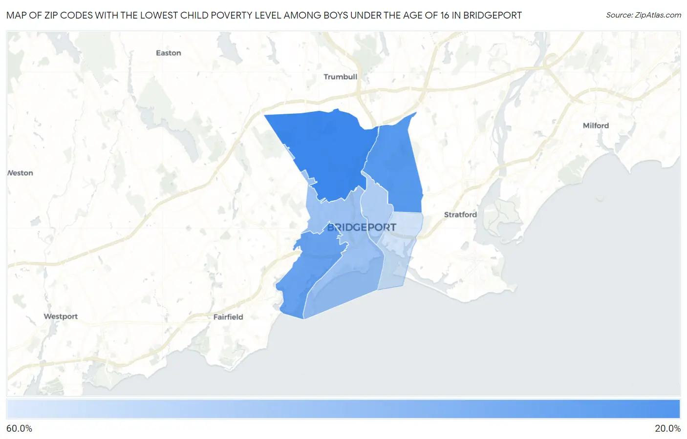 Zip Codes with the Lowest Child Poverty Level Among Boys Under the Age of 16 in Bridgeport Map
