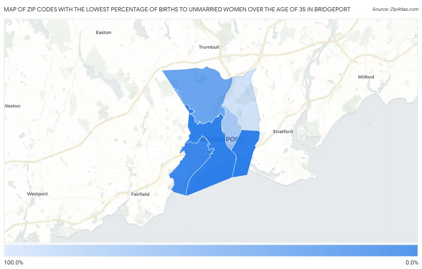 Zip Codes with the Lowest Percentage of Births to Unmarried Women over the Age of 35 in Bridgeport Map