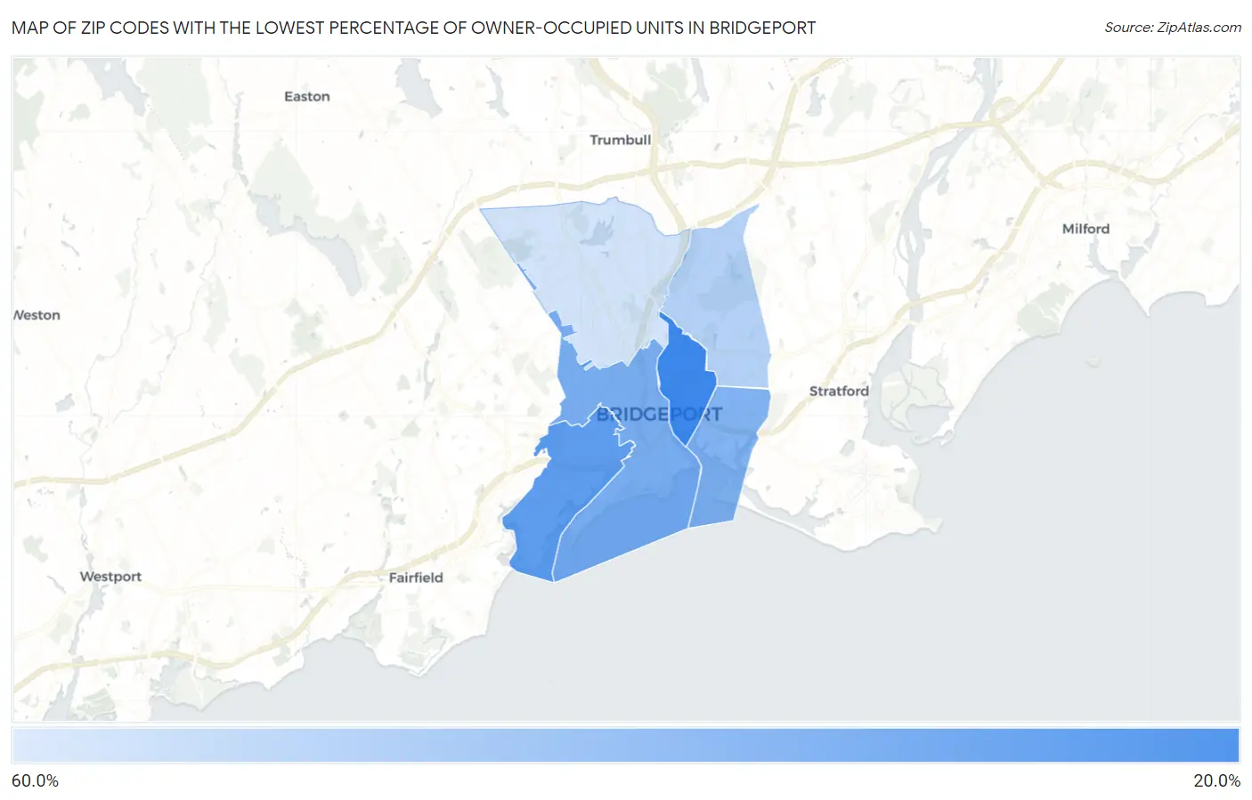 Zip Codes with the Lowest Percentage of Owner-Occupied Units in Bridgeport Map