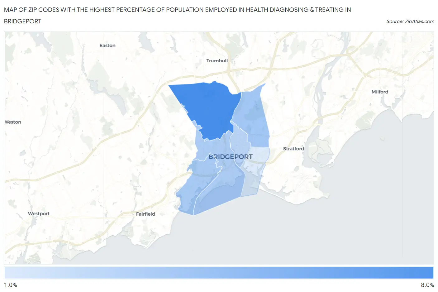 Zip Codes with the Highest Percentage of Population Employed in Health Diagnosing & Treating in Bridgeport Map