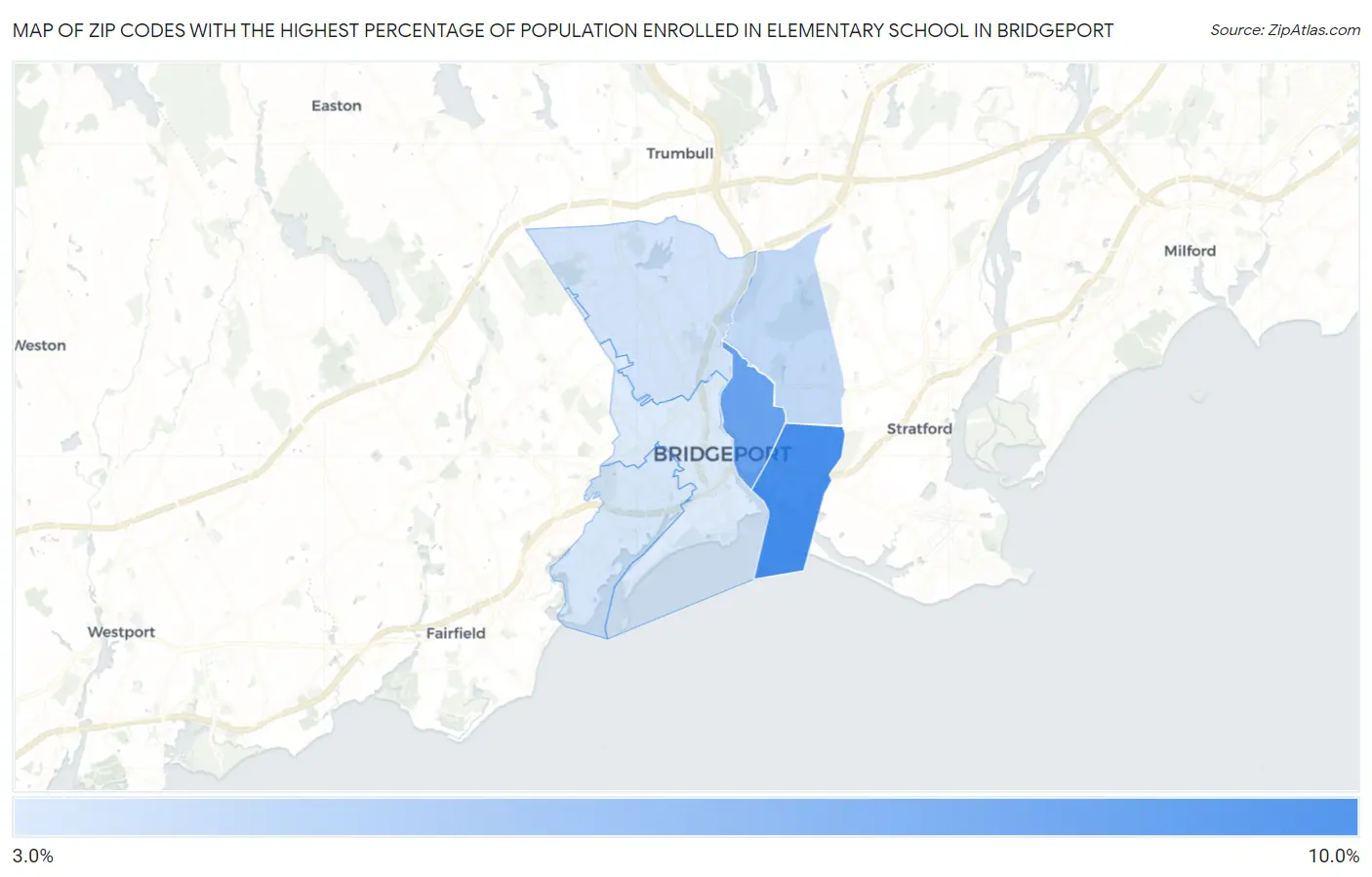 Zip Codes with the Highest Percentage of Population Enrolled in Elementary School in Bridgeport Map