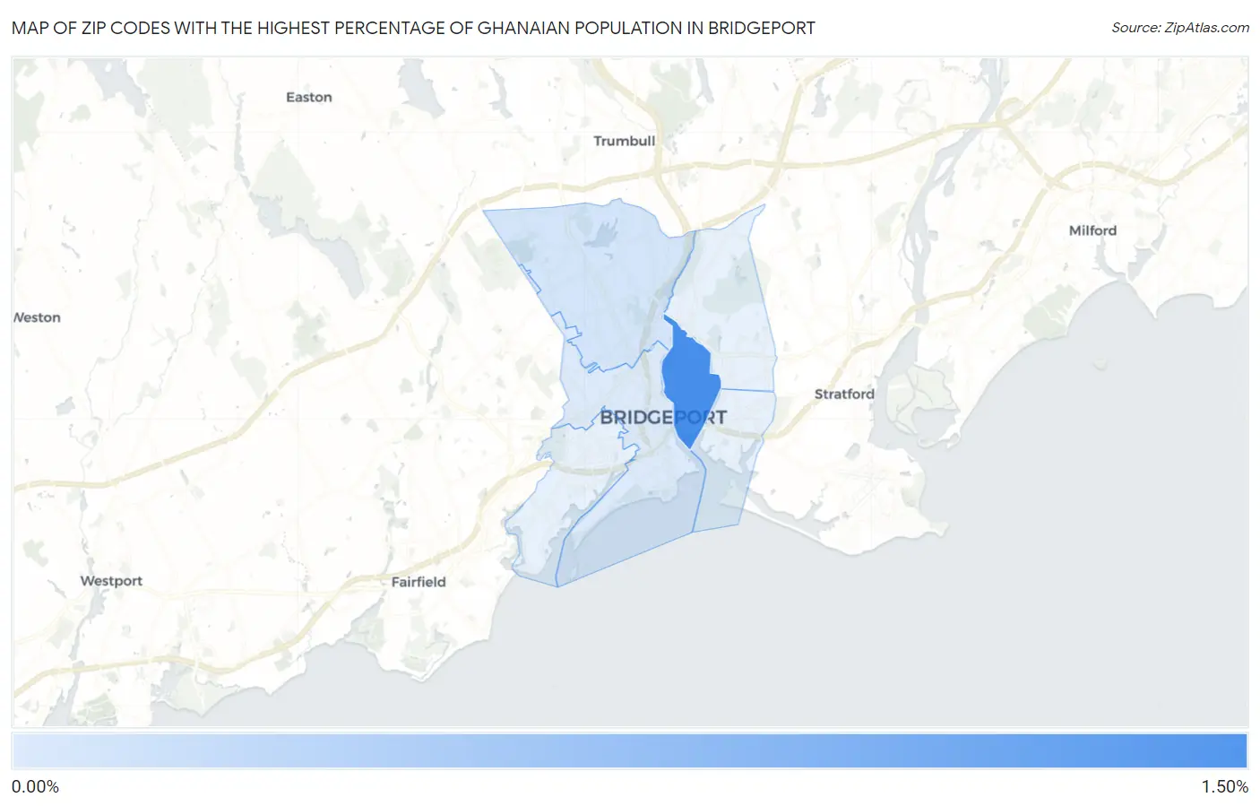 Zip Codes with the Highest Percentage of Ghanaian Population in Bridgeport Map